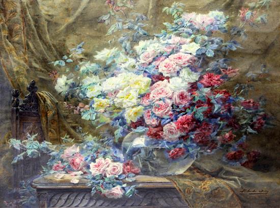 § Blanche Odin (1865-1957) Still life of roses in a glass vase, upon a table 57 x 68.5in.